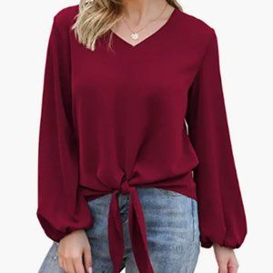 Youtalia  V Neck Blouse Cuffed Sleeve Loose Tunic Shirts Tops